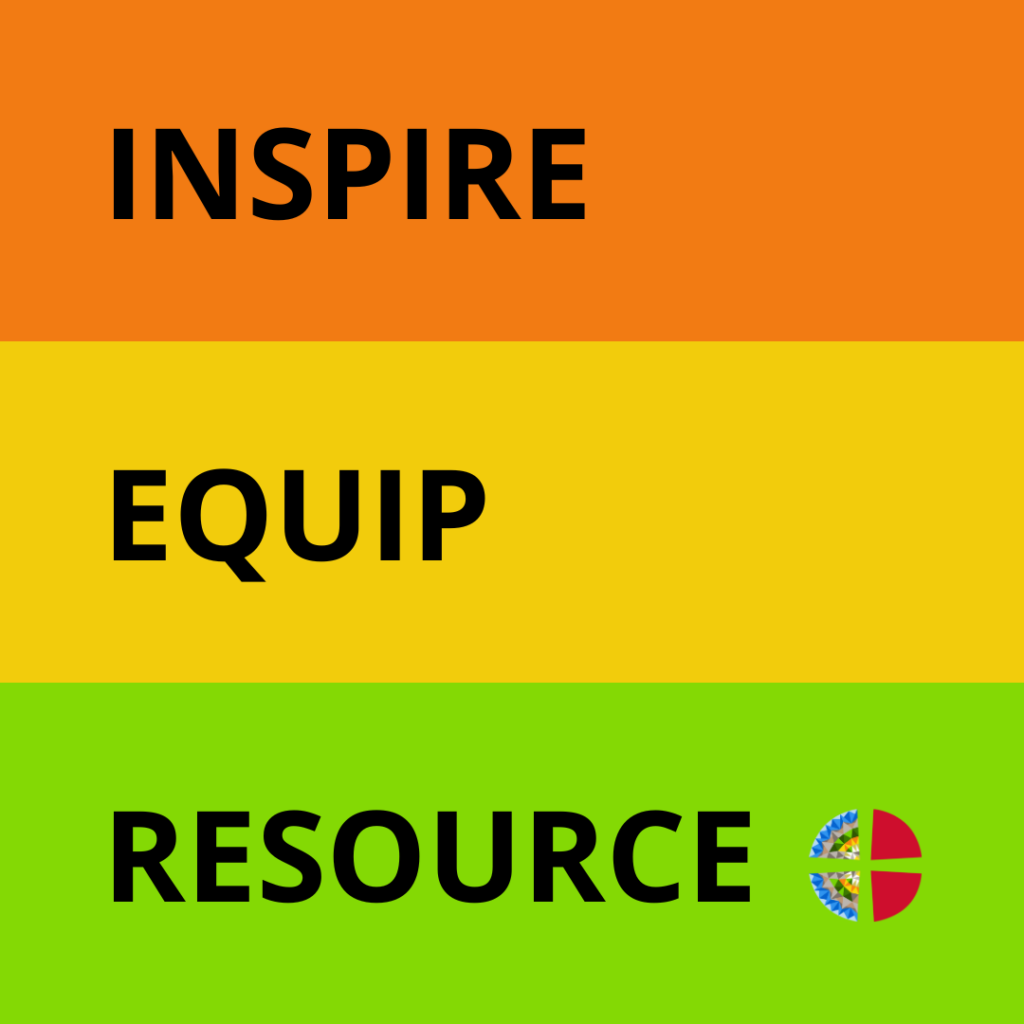 The word "inspire" sits on an orange stripe, "equip" on a yellow stripe and "resource" on a green stripe.