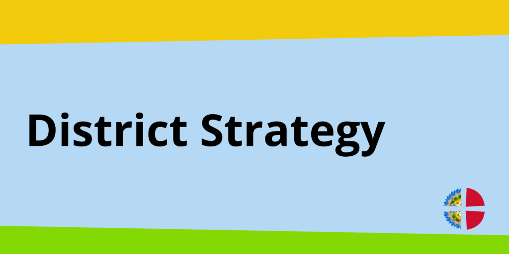 District Strategy title on a yellow, blue and green background.