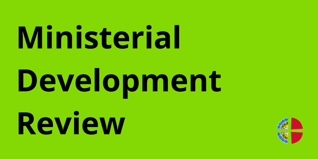 Ministerial Development Review title on a green background.