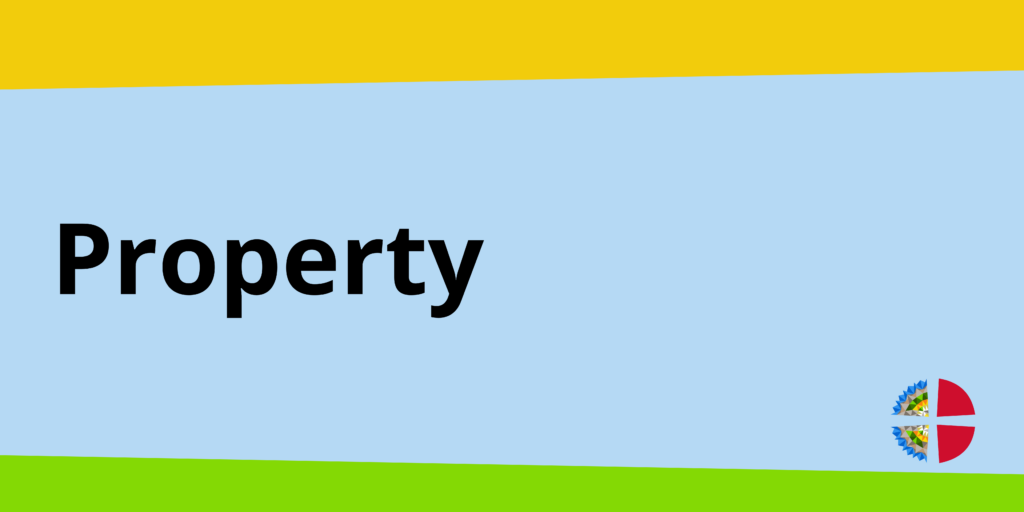 Property title on a yellow, blue and green background.
