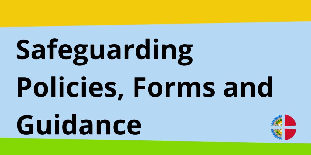 Safeguarding Policies, Forms and Guidance title on a yellow, blue and green background.